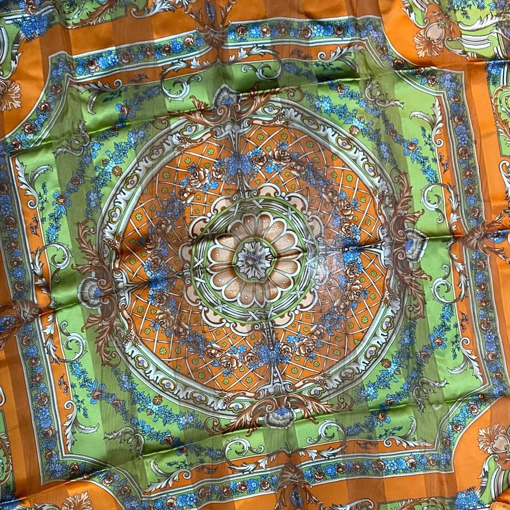 Vibrant Orange & Green Medallion Silk Scarf 34 x 34 inch NWOTs 100% Silk
